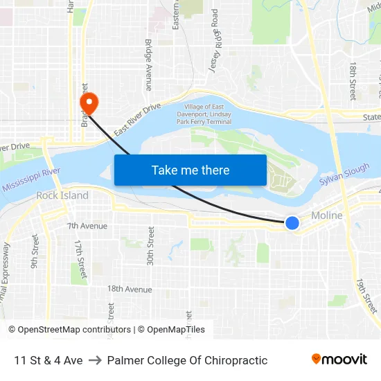 11 St & 4 Ave to Palmer College Of Chiropractic map