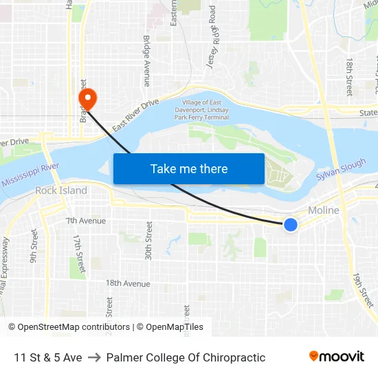 11 St & 5 Ave to Palmer College Of Chiropractic map