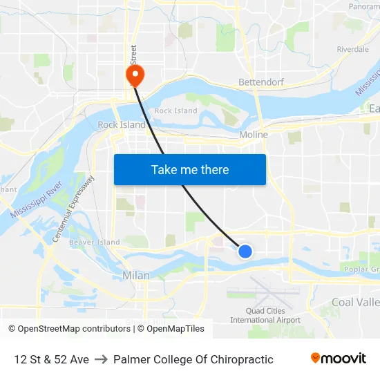 12 St & 52 Ave to Palmer College Of Chiropractic map