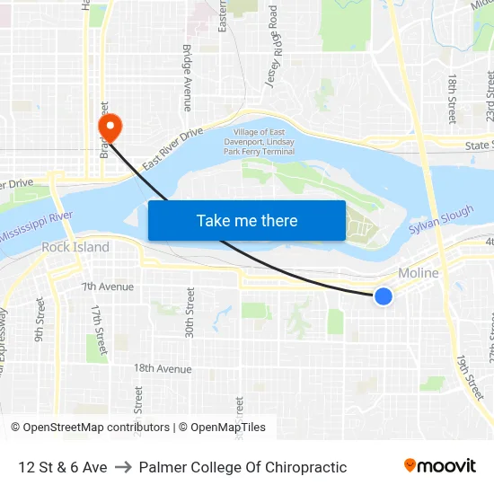 12 St & 6 Ave to Palmer College Of Chiropractic map