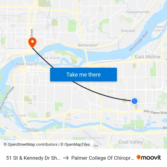 51 St & Kennedy Dr Shelter to Palmer College Of Chiropractic map