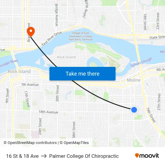 16 St & 18 Ave to Palmer College Of Chiropractic map