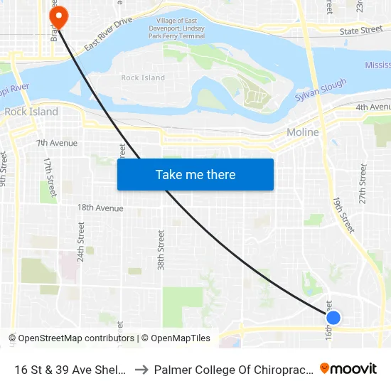 16 St & 39 Ave Shelter to Palmer College Of Chiropractic map