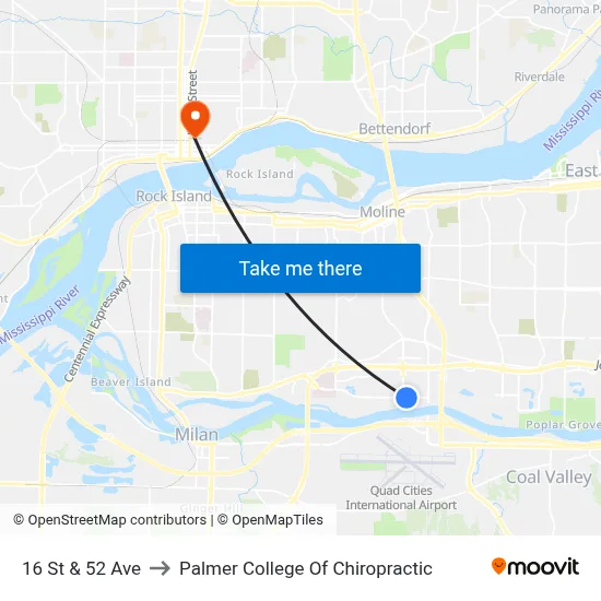 16 St & 52 Ave to Palmer College Of Chiropractic map