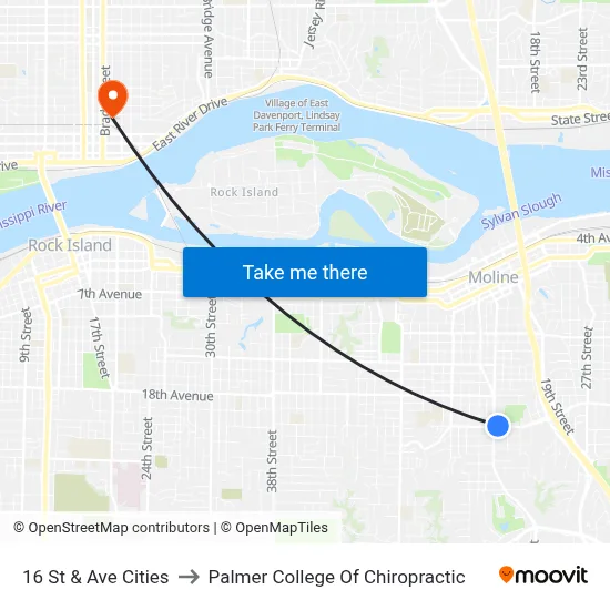 16 St & Ave Cities to Palmer College Of Chiropractic map