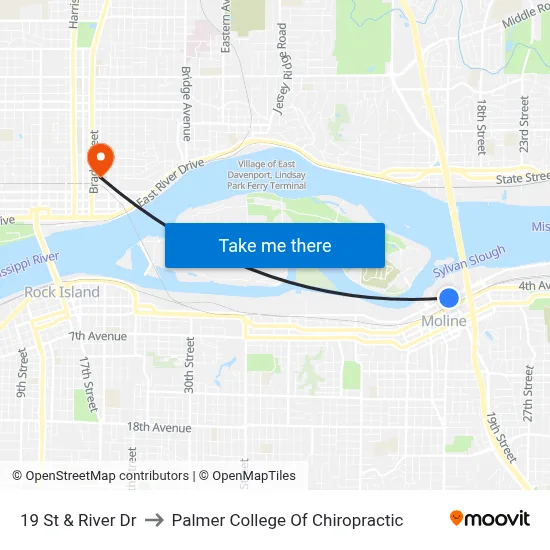 19 St & River Dr to Palmer College Of Chiropractic map