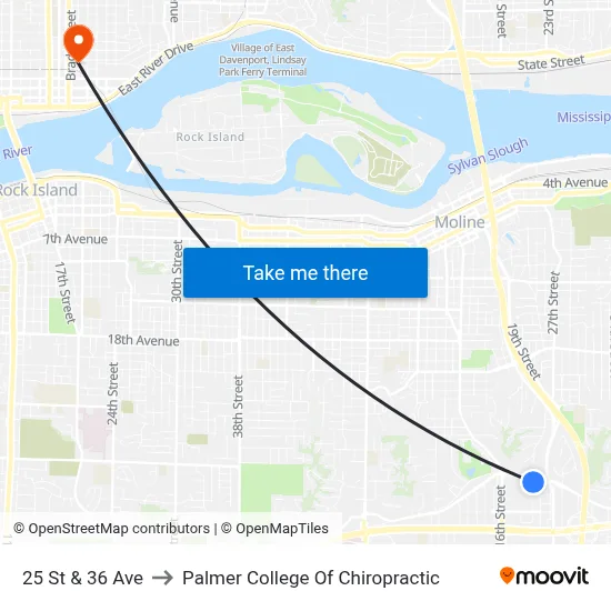 25 St & 36 Ave to Palmer College Of Chiropractic map