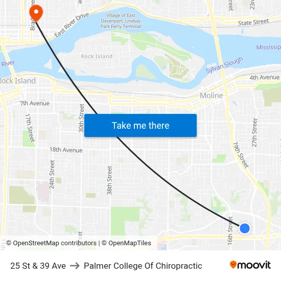 25 St & 39 Ave to Palmer College Of Chiropractic map