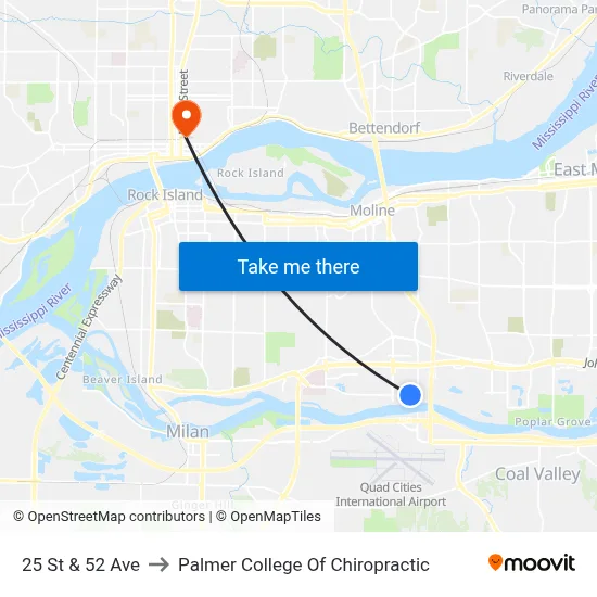 25 St & 52 Ave to Palmer College Of Chiropractic map