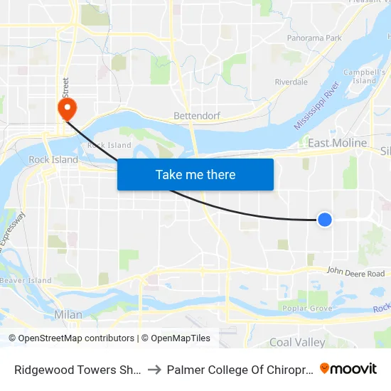 Ridgewood Towers Shelter to Palmer College Of Chiropractic map