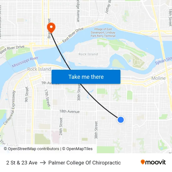 2 St & 23 Ave to Palmer College Of Chiropractic map