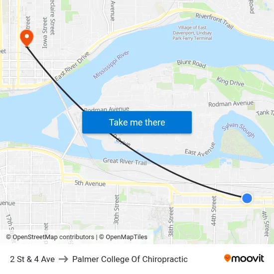 2 St & 4 Ave to Palmer College Of Chiropractic map