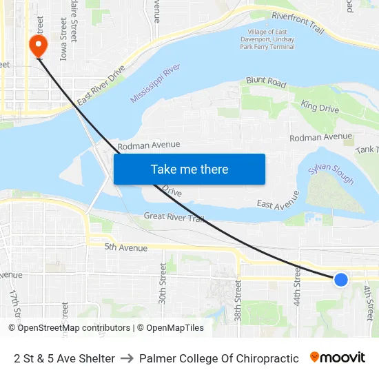 2 St & 5 Ave Shelter to Palmer College Of Chiropractic map