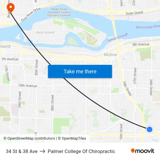 34 St & 38 Ave to Palmer College Of Chiropractic map