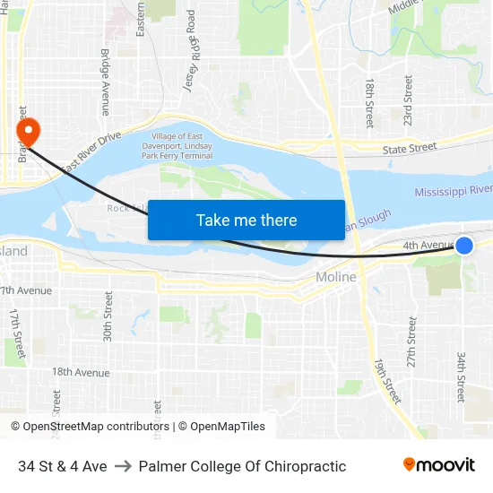 34 St & 4 Ave to Palmer College Of Chiropractic map