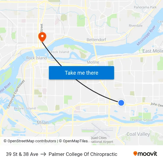 39 St & 38 Ave to Palmer College Of Chiropractic map