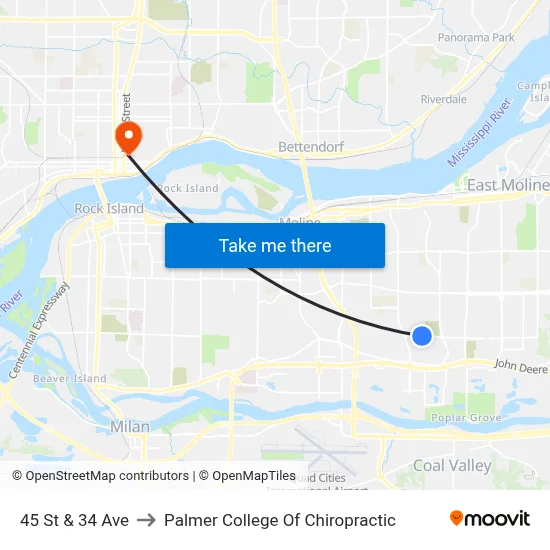 45 St & 34 Ave to Palmer College Of Chiropractic map