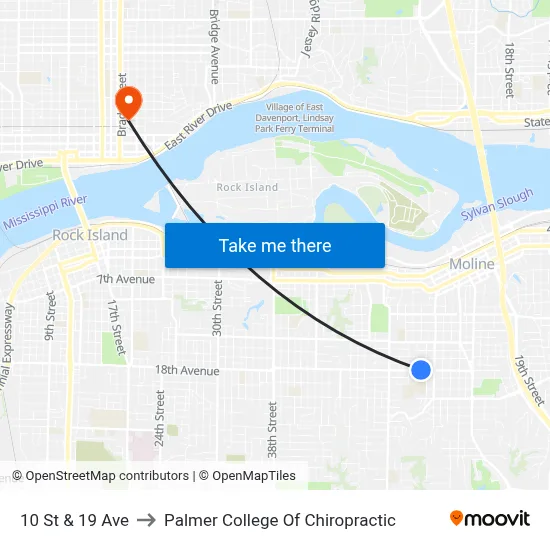 10 St & 19 Ave to Palmer College Of Chiropractic map