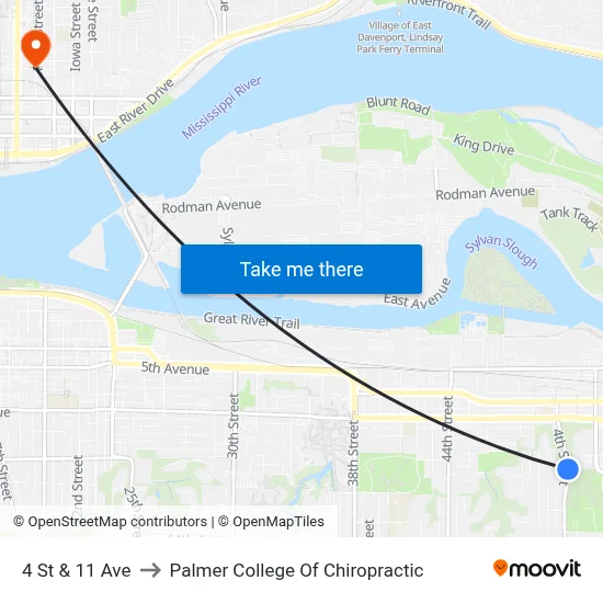 4 St & 11 Ave to Palmer College Of Chiropractic map