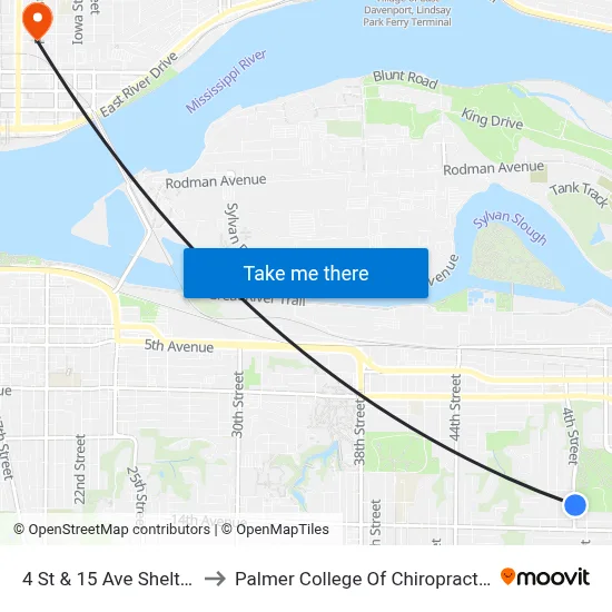 4 St & 15 Ave Shelter to Palmer College Of Chiropractic map