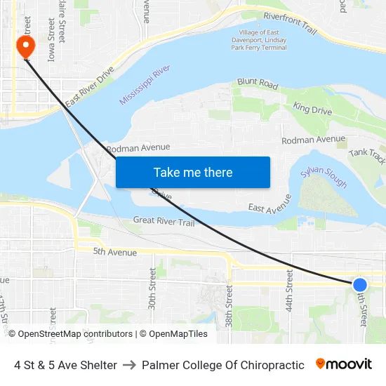 4 St & 5 Ave Shelter to Palmer College Of Chiropractic map