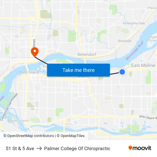 51 St & 5 Ave to Palmer College Of Chiropractic map