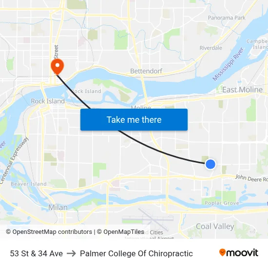 53 St & 34 Ave to Palmer College Of Chiropractic map