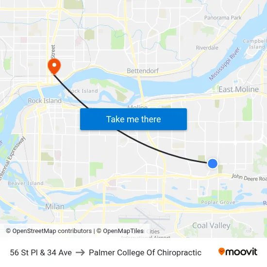 56 St Pl & 34 Ave to Palmer College Of Chiropractic map