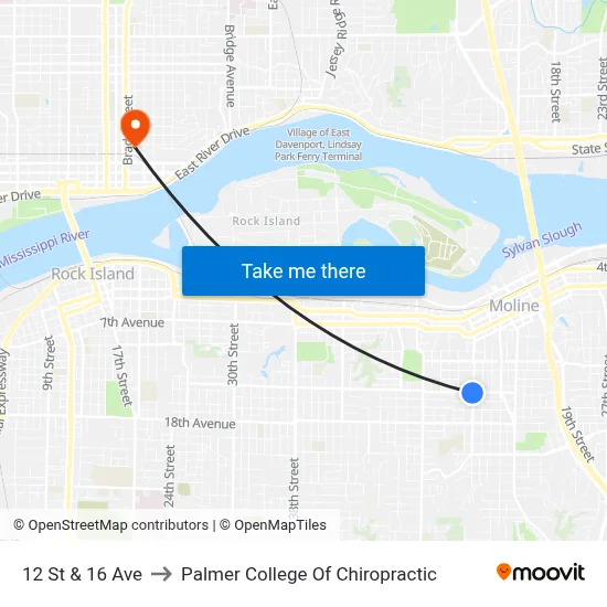 12 St & 16 Ave to Palmer College Of Chiropractic map