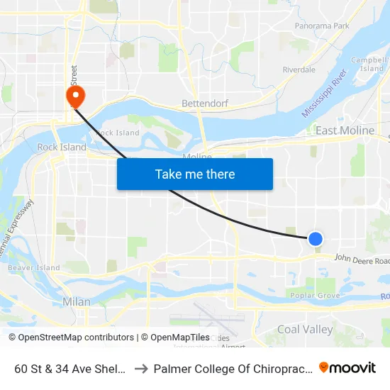 60 St & 34 Ave Shelter to Palmer College Of Chiropractic map
