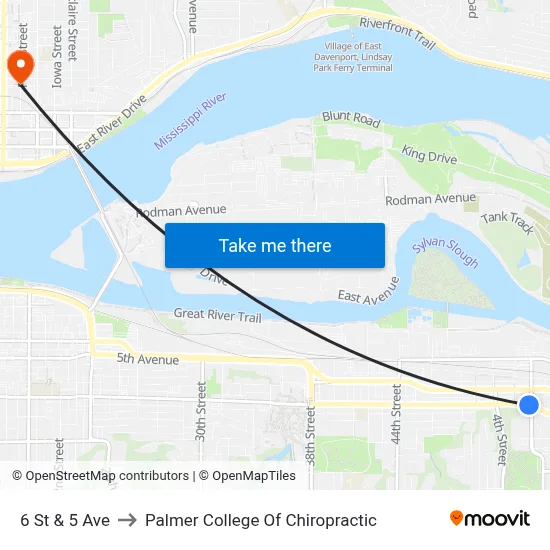 6 St & 5 Ave to Palmer College Of Chiropractic map