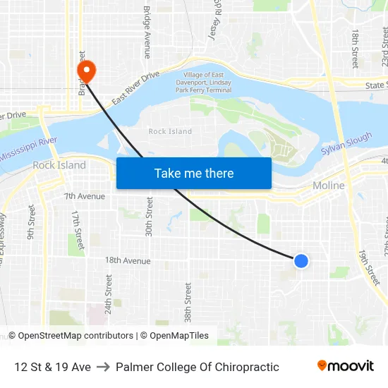 12 St & 19 Ave to Palmer College Of Chiropractic map