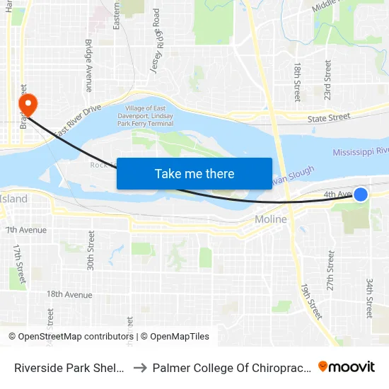Riverside Park Shelter to Palmer College Of Chiropractic map