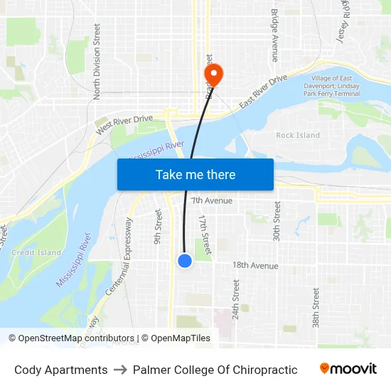Cody Apartments to Palmer College Of Chiropractic map