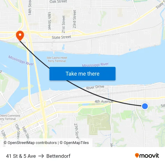 41 St & 5 Ave to Bettendorf map