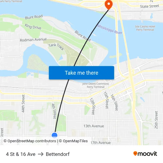 4 St & 16 Ave to Bettendorf map