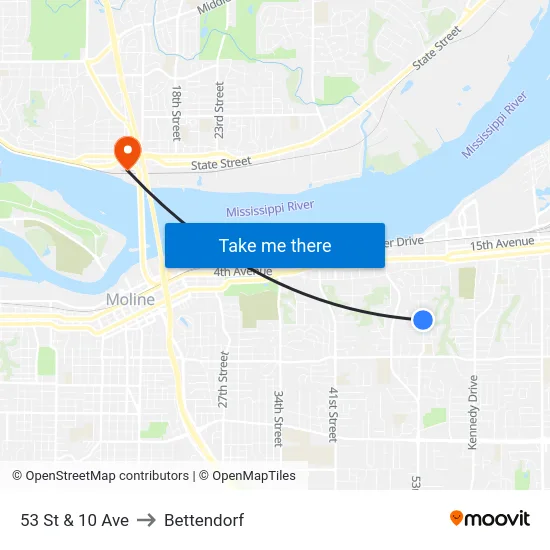 53 St & 10 Ave to Bettendorf map