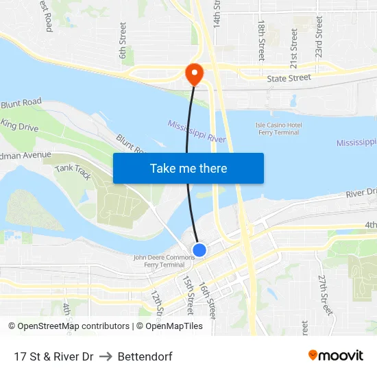 17 St & River Dr to Bettendorf map