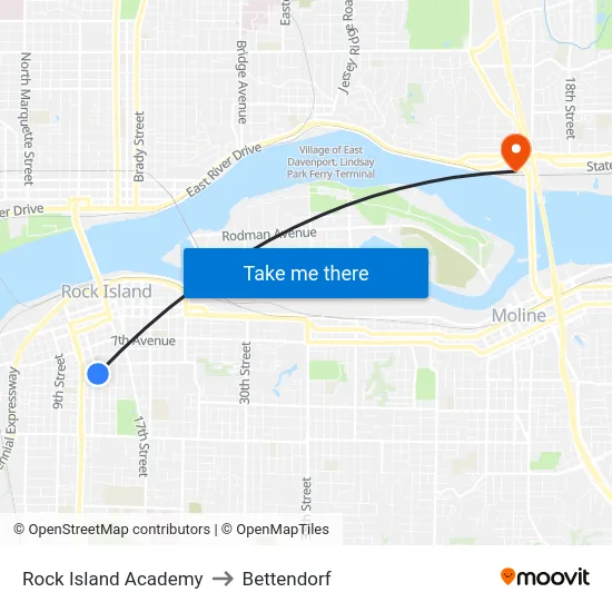 Rock Island Academy to Bettendorf map