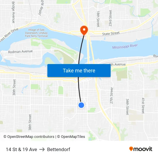 14 St & 19 Ave to Bettendorf map