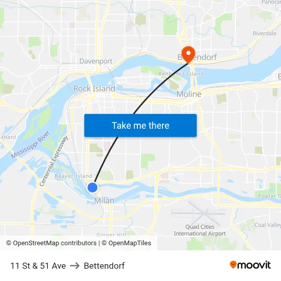 11 St & 51 Ave to Bettendorf map