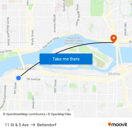 11 St & 5 Ave to Bettendorf map
