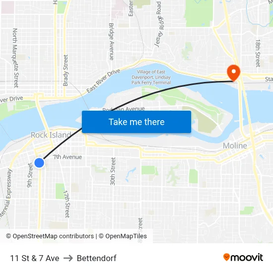 11 St & 7 Ave to Bettendorf map