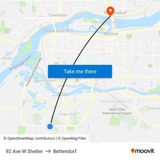 92 Ave W Shelter to Bettendorf map