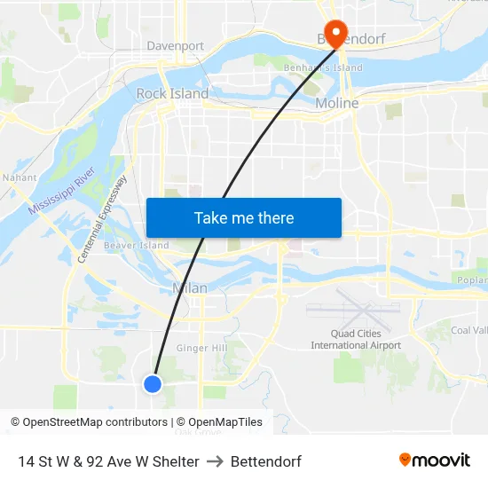 14 St W & 92 Ave W Shelter to Bettendorf map