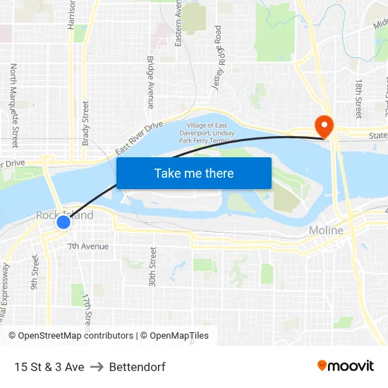 15 St & 3 Ave to Bettendorf map