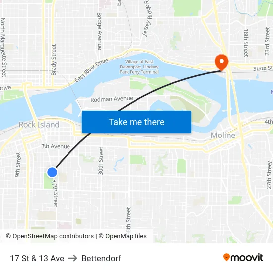 17 St & 13 Ave to Bettendorf map