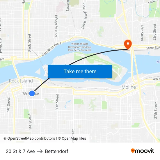 20 St & 7 Ave to Bettendorf map
