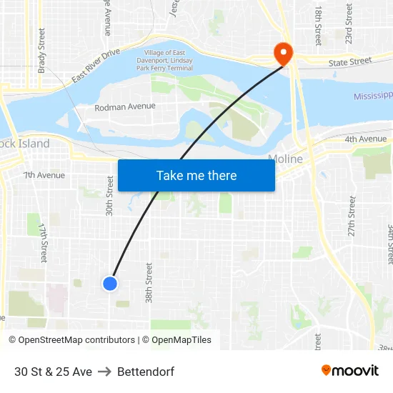 30 St & 25 Ave to Bettendorf map