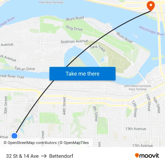32 St & 14 Ave to Bettendorf map